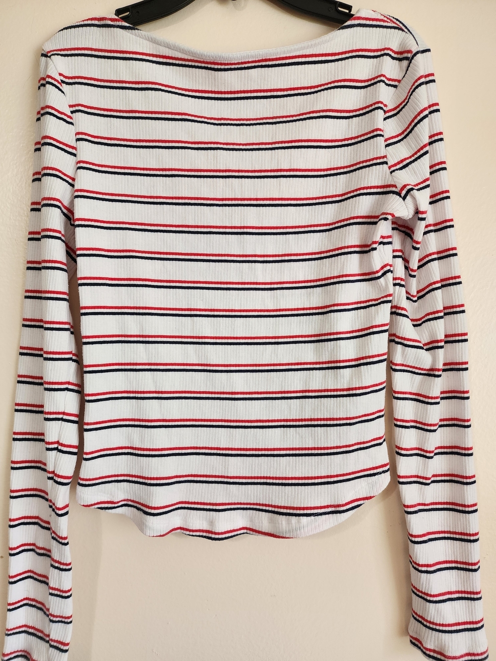 Cotton On White Long-Sleeve Ribbed Top with Red & Navy Stripes